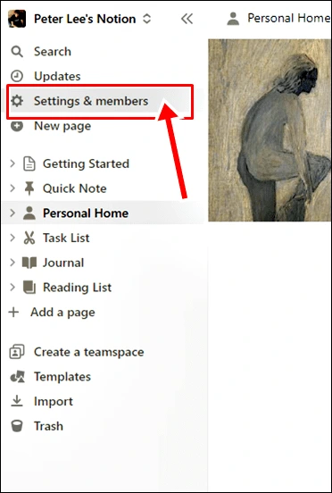 notion dark mode: click settings & members