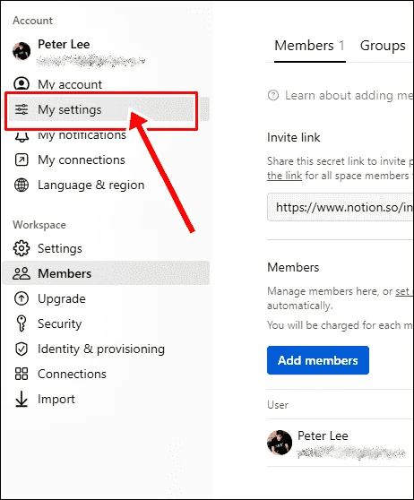 notion dark mode: click my settings