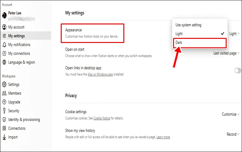 notion dark mode: select dark