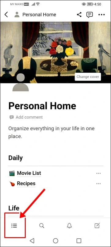 Notion mobile homepage: Click 3-horizontal bar