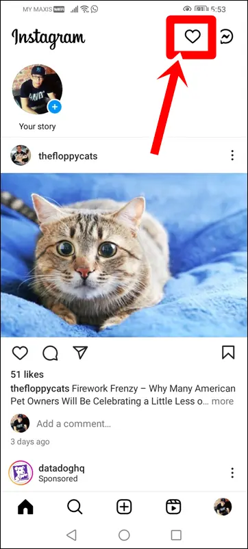 What are The Meanings of Symbols and Icons on Instagram Home Screen - This image shows the Heart / Love Symbol being highlighted.
