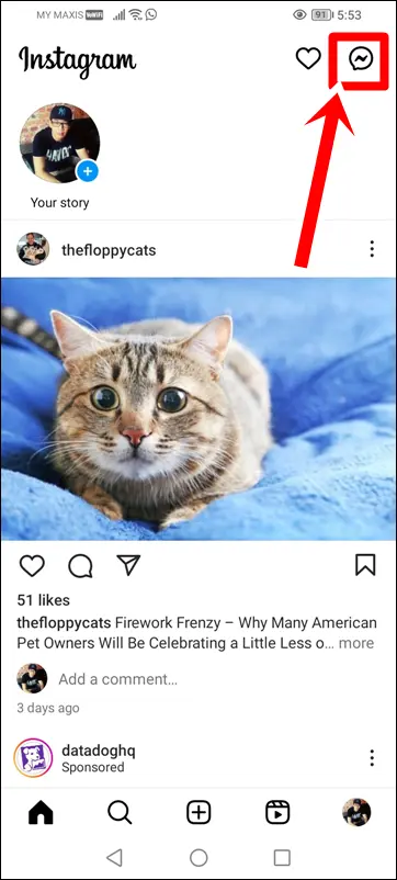 What are The Meanings of Symbols and Icons on Instagram Home Screen: This image shows the Messenger icon being highlighted.