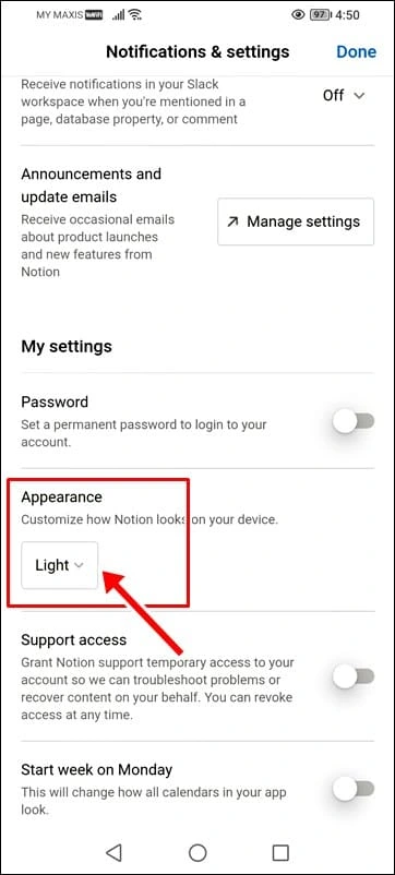 notion mobile acount settings page