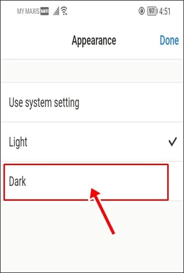 notion mobile appearance page: select dark