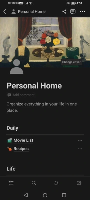 notion mobile homepage in dark mode