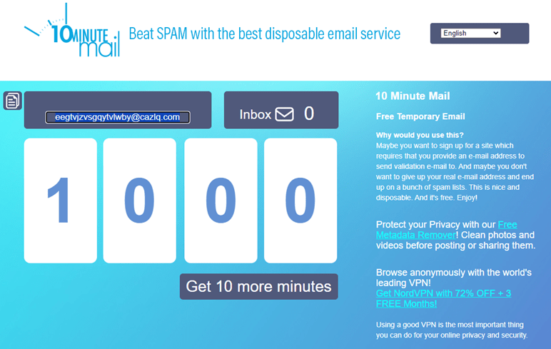 how can I get a disposable or temporary email address: 10 Minute Mail