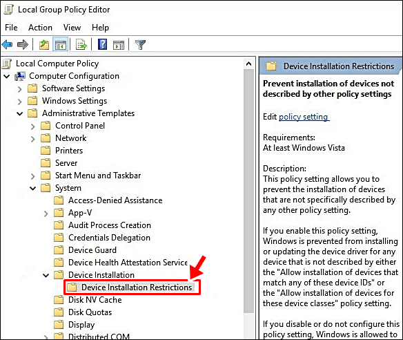select Device Installation Restrictions