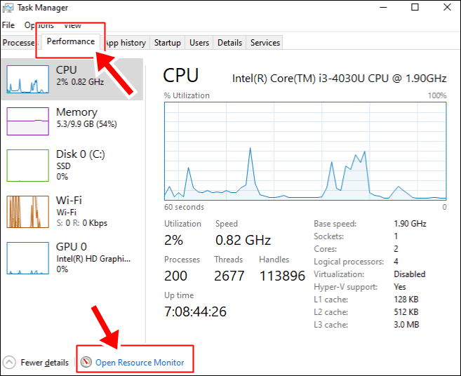 Task Manager - Performance Tab - Open Resource Monitor