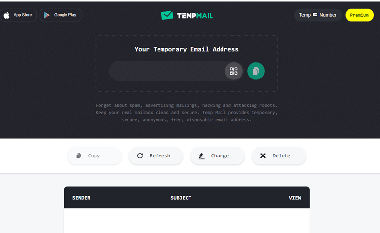 disposable or temporary email address: Temp Mail