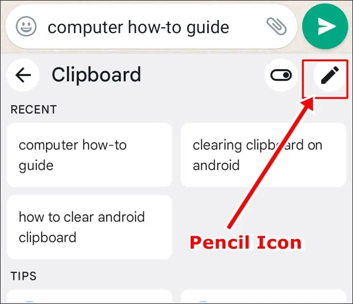clear your android clipboard: pencil icon
