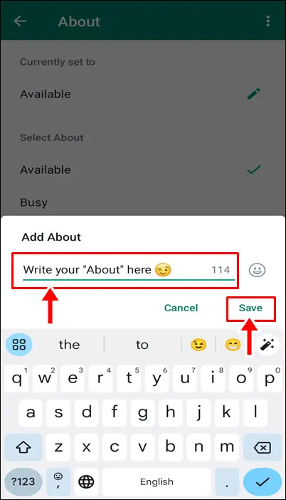 enter and save your new whatsapp status lines