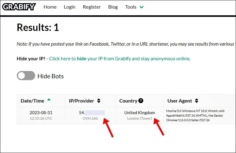 Grabify managed to track the IP address