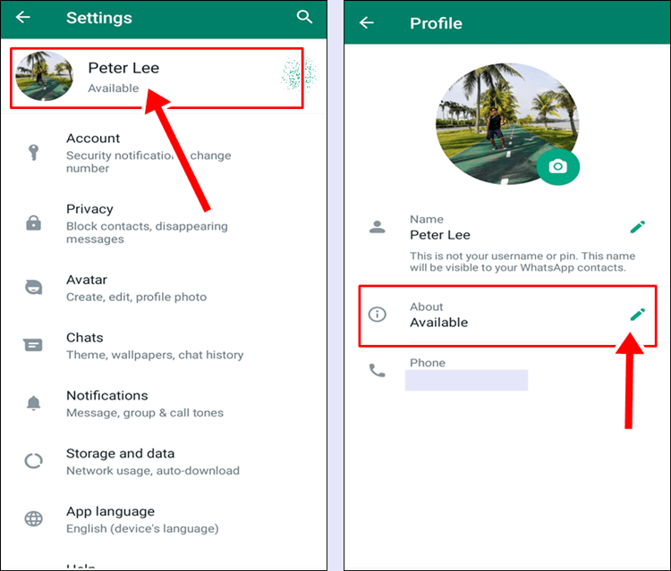 whatsapp settings and profile