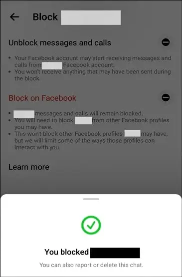 how to delete someone from messenger: contact successfully blocked from messenger