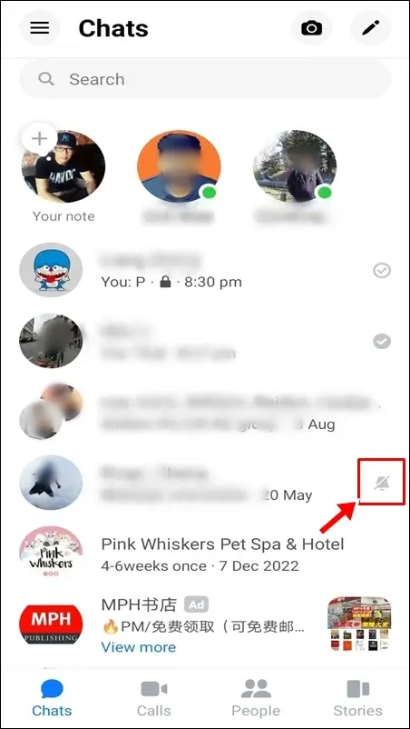 Facebook Messenger symbols & icons - Chats screen: Bell-with-a-forward-slash icon