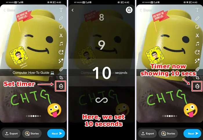 How to Create and send Snaps on Snapchat: Set timer before sending your snap
