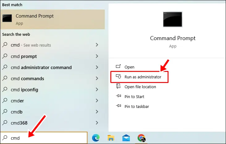Open Command Prompt with administrative privileges by searching for