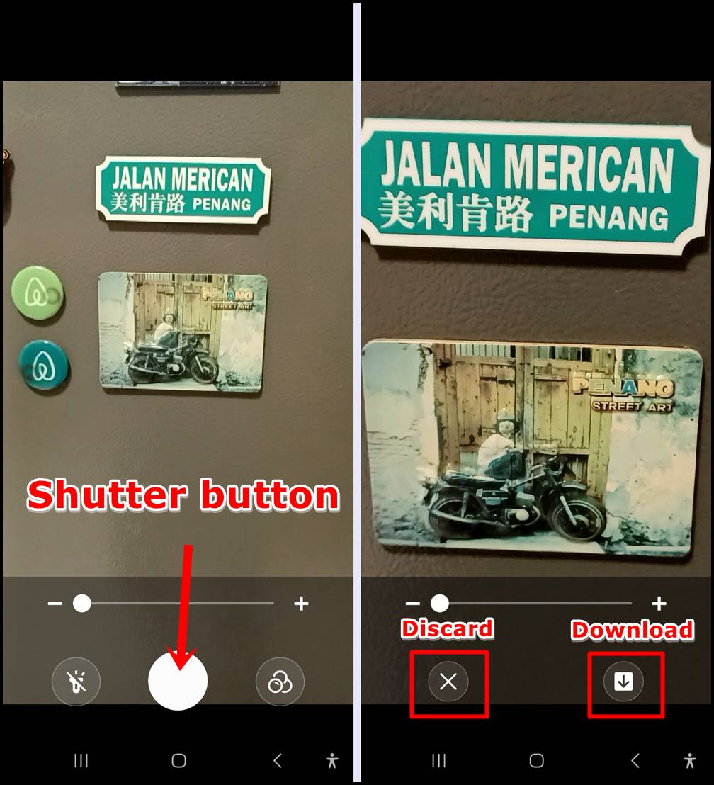 Samsung Galaxy Magnifier: Capture the magnified object as a photo. Tap the Download Icon to download, or the 