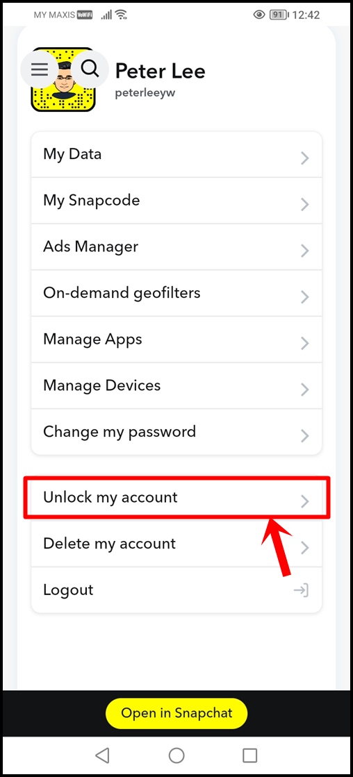 This image shows a successful log in to Snapchat account and the 