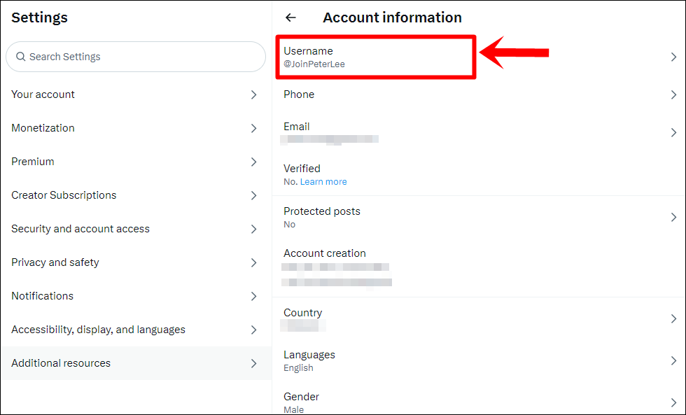 This image shows the X (Twitter) Account information page. The 