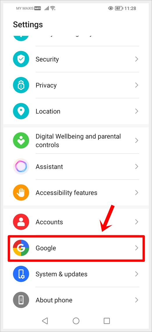 This image shows the Settings screen of an Android device. The