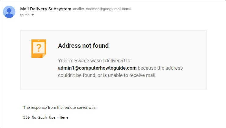 This image shows a Mail Delivery Subsystem by Gmail. An email address typo has caused the sent email to bounce back due to 