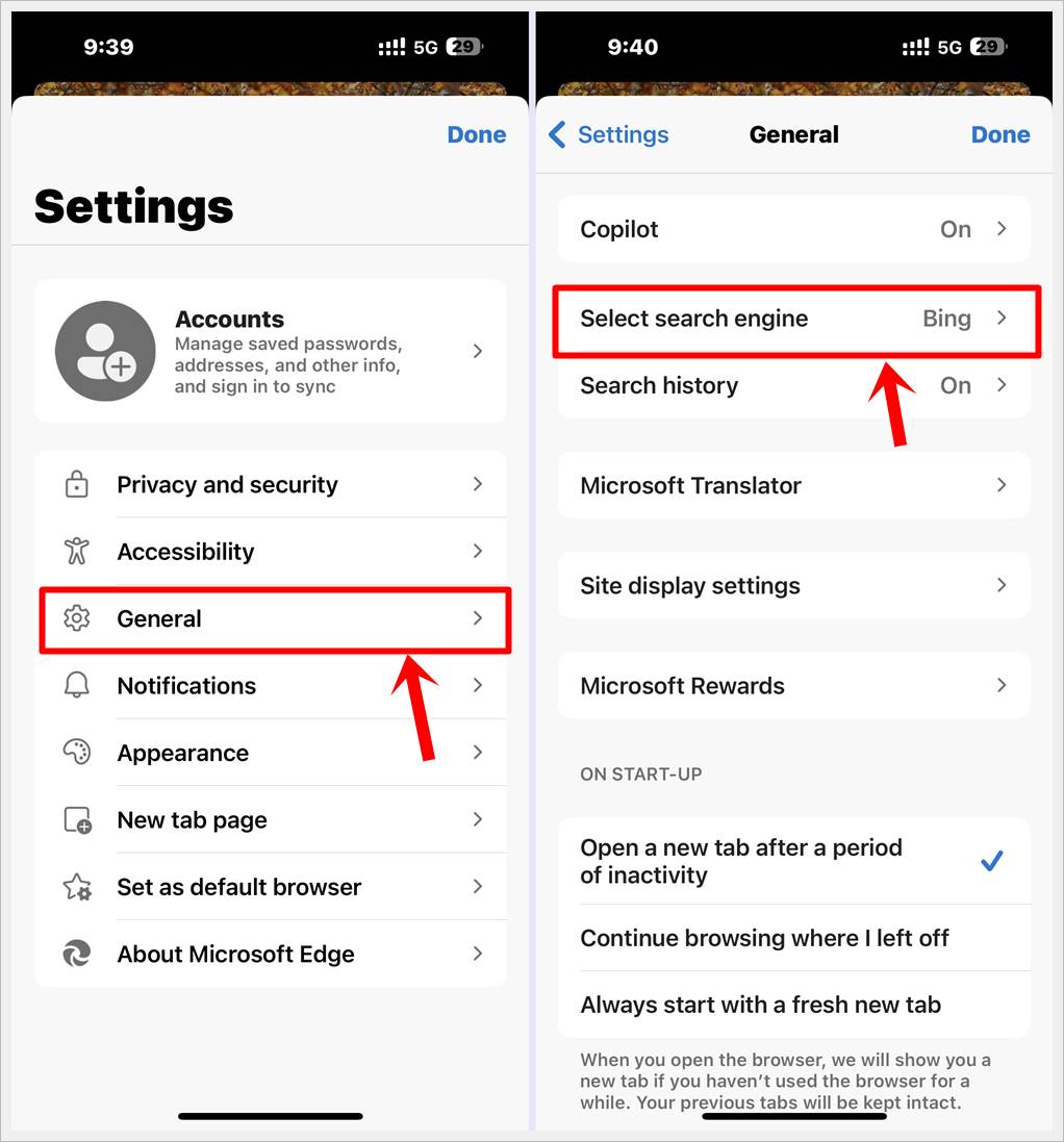 This image shows 2 screenshots of the Microsoft Edge app for iOS. The 