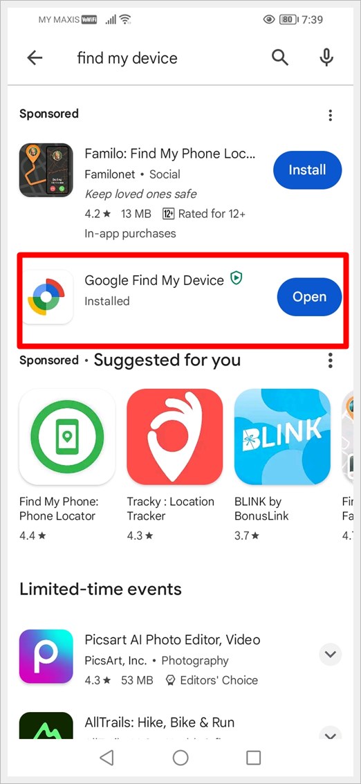 How to Fix Google Find My Device Not Working: This image shows a screenshot of Google Play Store. The Google Find My Device App is available for update and it