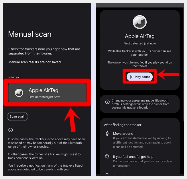 How to Track Unknown Apple AirTags With an Android: This image shows 2 screenshots of the Unknown tracker Alerts - one showing the manual scan screen with a detected Apple AirTag and the other indicating information on how to deal with the AirTag, as well as links to more in-depth materials on Google