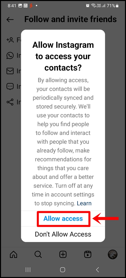 How to Find Someone on Instagram Without Their Username: This image displays an Instagram prompt requesting permission to access contacts, with the