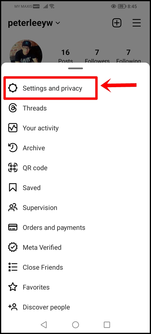 This image displays the Settings menu in the Instagram mobile app, with the