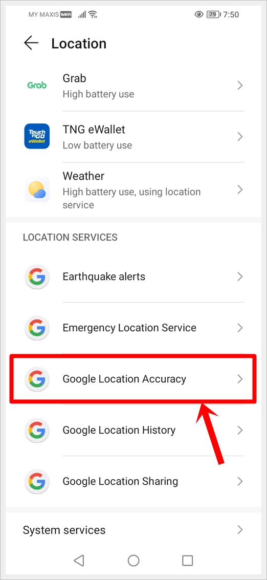 This image shows the Location screen of an Android device. The