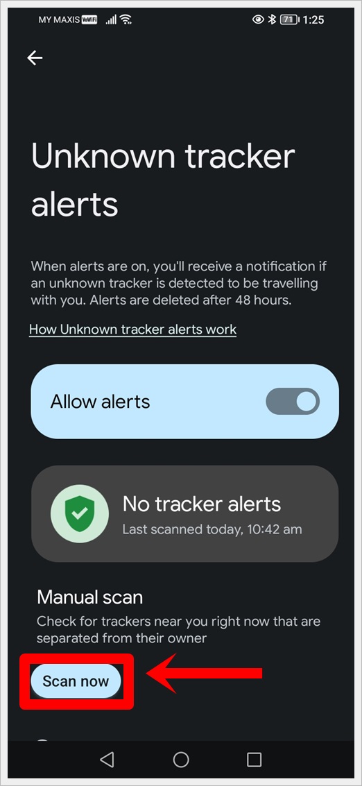How to Track Unknown Apple AirTags With an Android: This image shows a screenshot of Unknown Tracker Alerts. The 