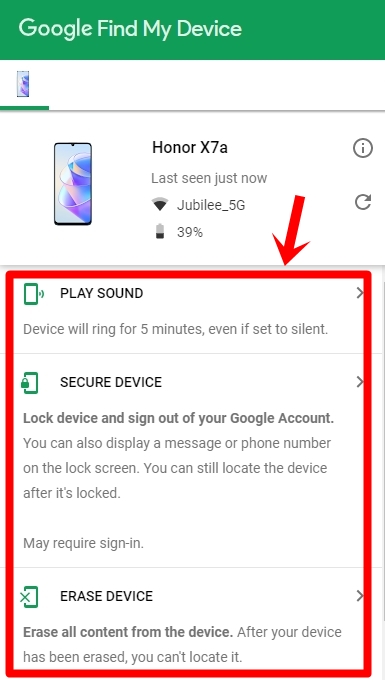 How to Find Your Lost Android Device with Google Find My Device: This image displays the 3 additional features of Google