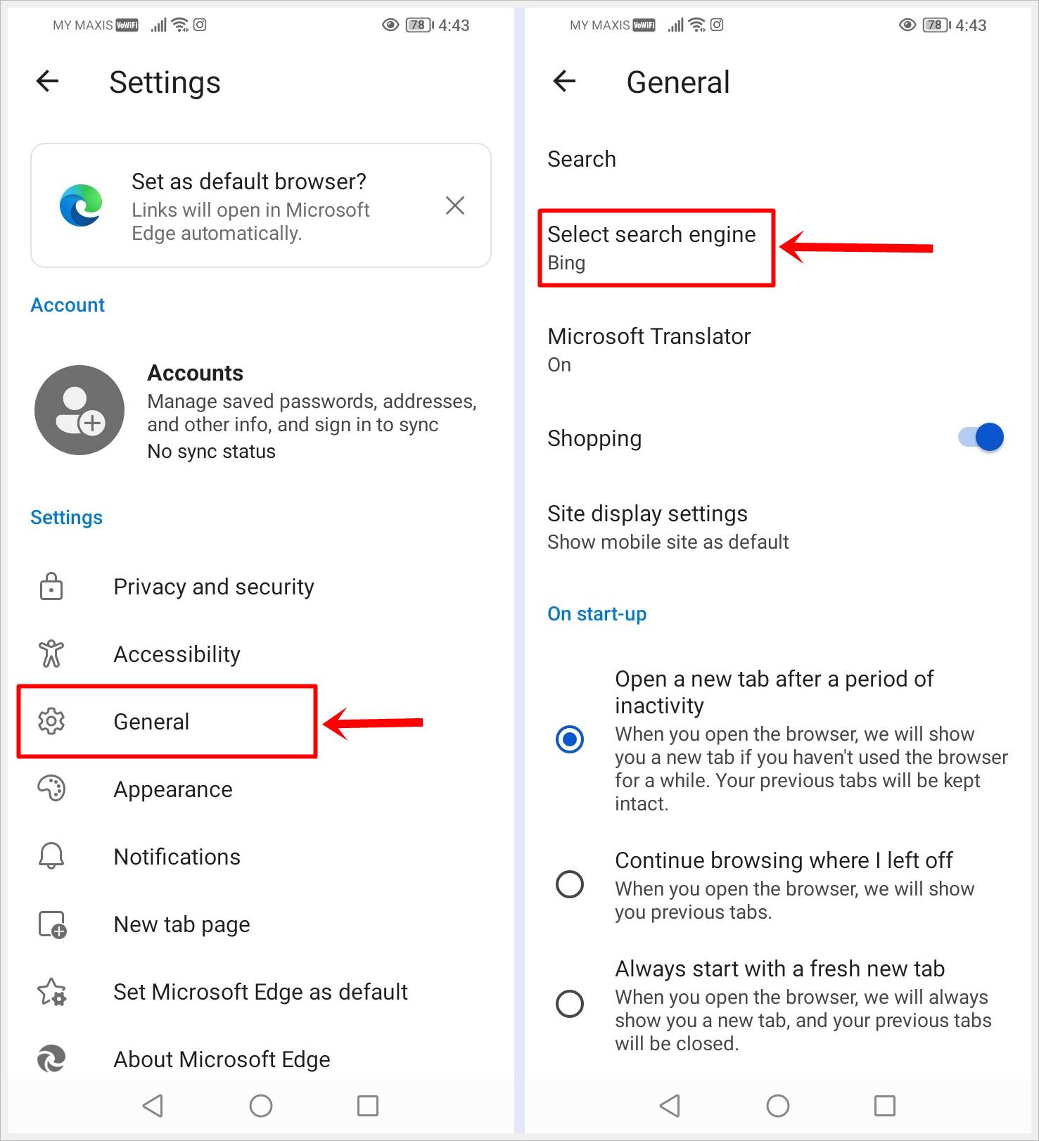 This image shows 2 screenshots of the Microsoft Edge app for Android. The 