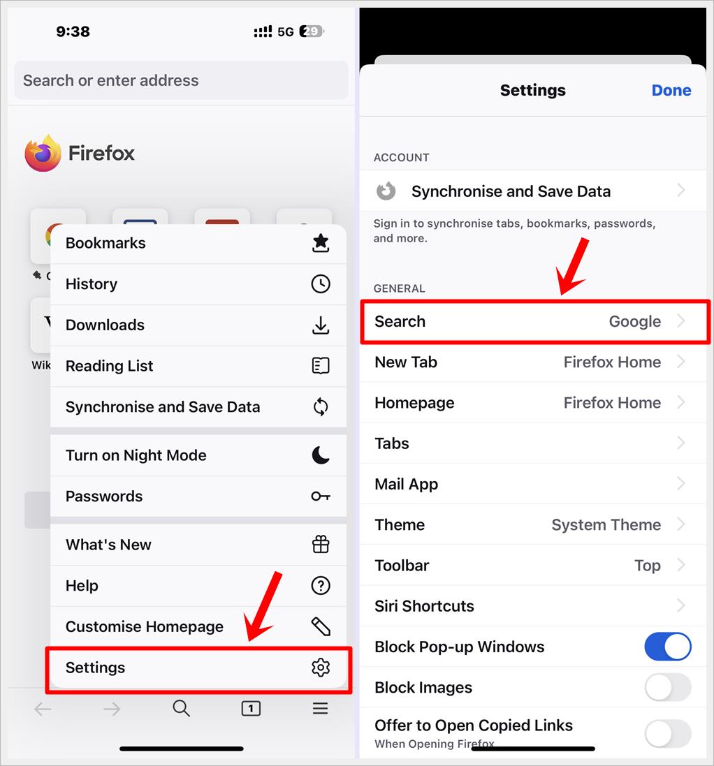 This image shows 2 screenshots of the Firefox app on iOS. The 