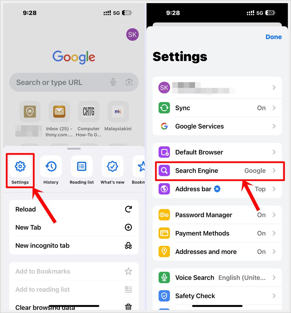 This image displays two screenshots of the Chrome app on iPhone. The 