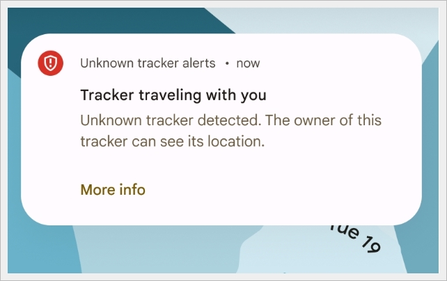 This image shows a notification received from Unknown Tracker Alerts signaling an unknown tracker detected.