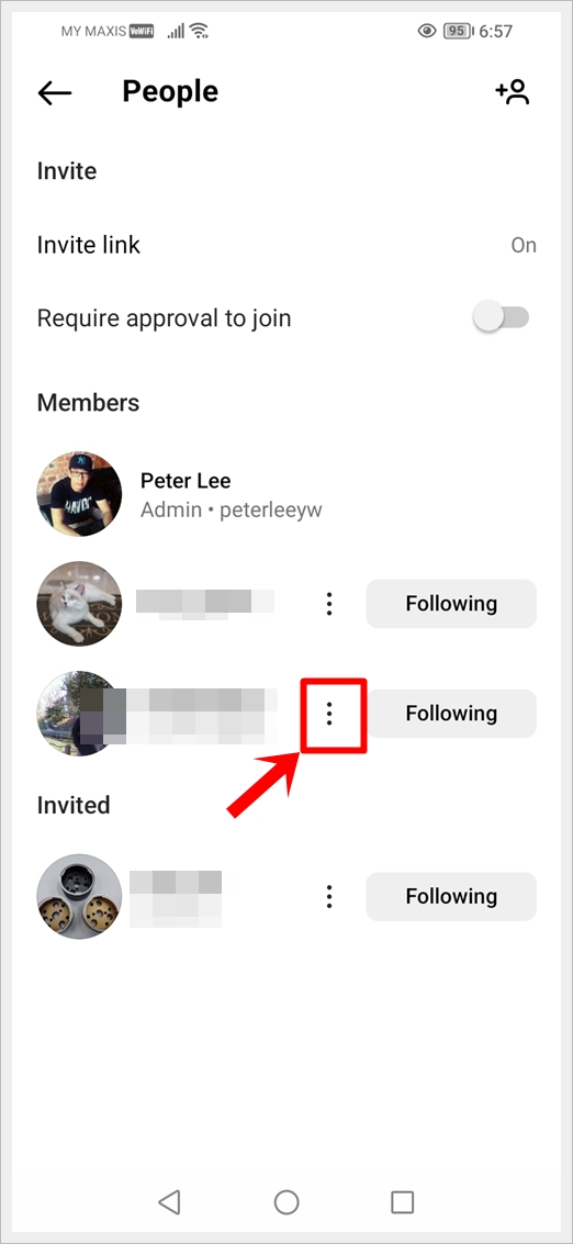 This image shows the People/Members screen. The 3 Vertical Dot next to the person to be removed is highlighted.