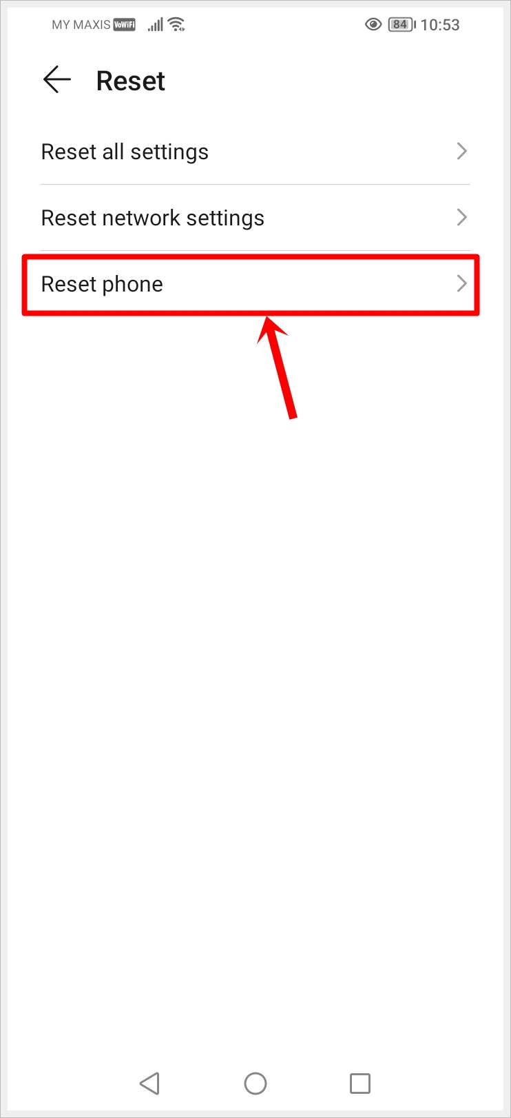 This image shows the Reset page of an Android phone, with the 