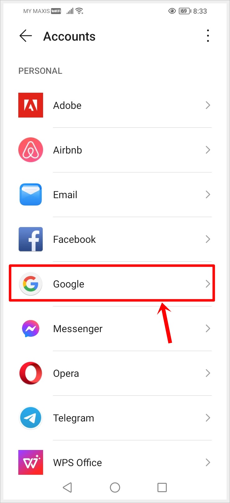This image shows the Accounts page of an Android phone, with the 
