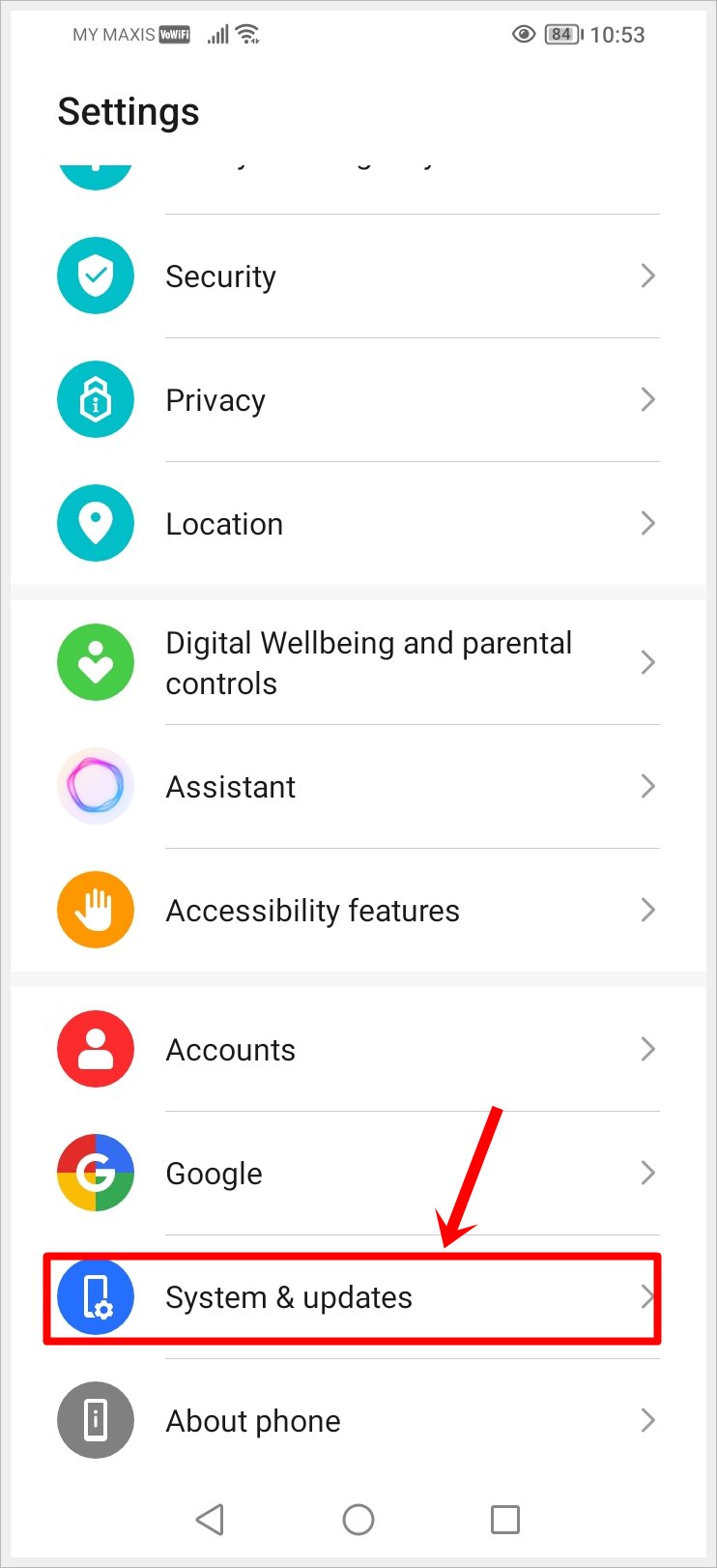 This image shows the Settings menu of an Android phone, with the 