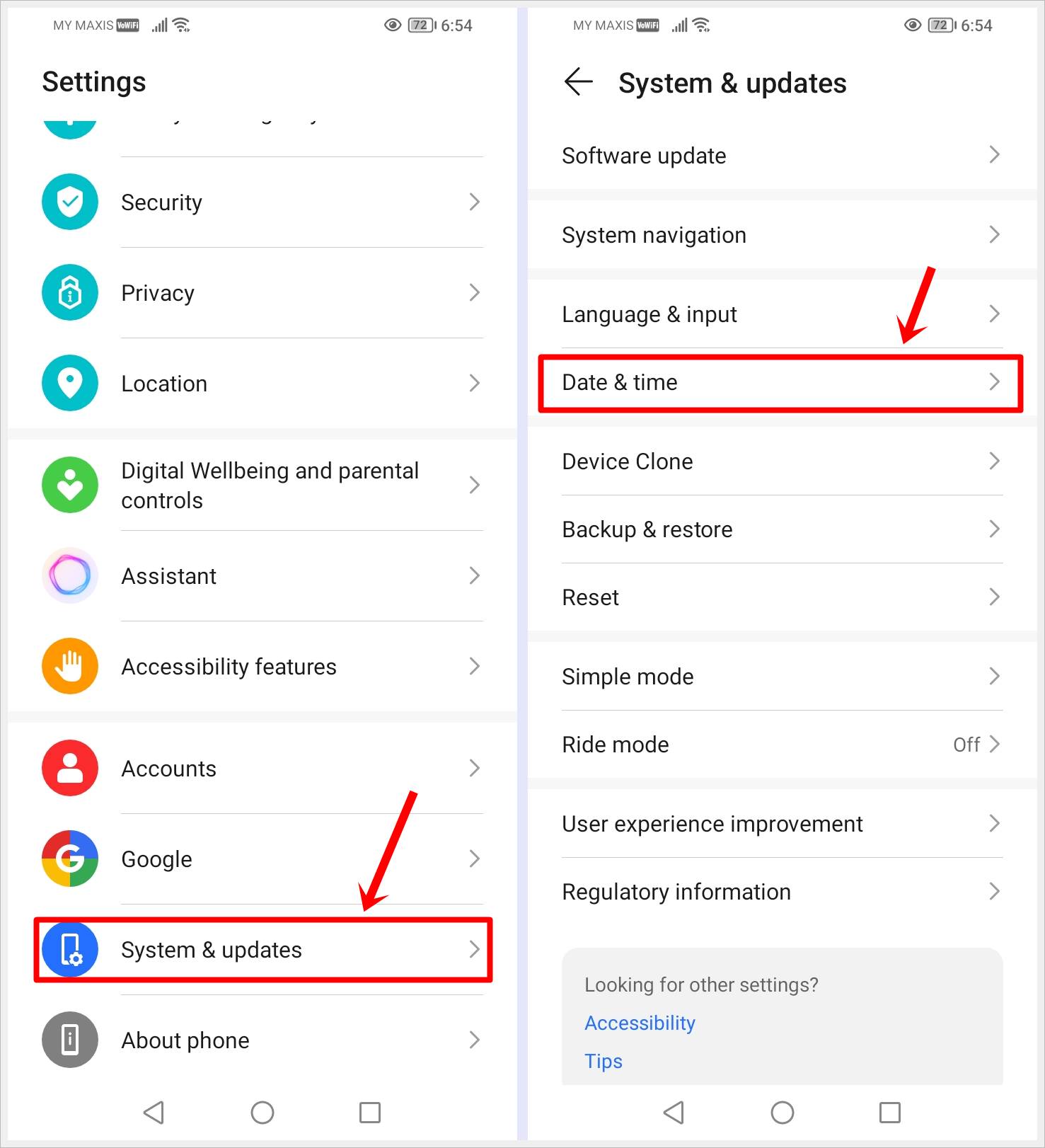This image shows 2 screenshots: One shows the Android Settings menu with the 