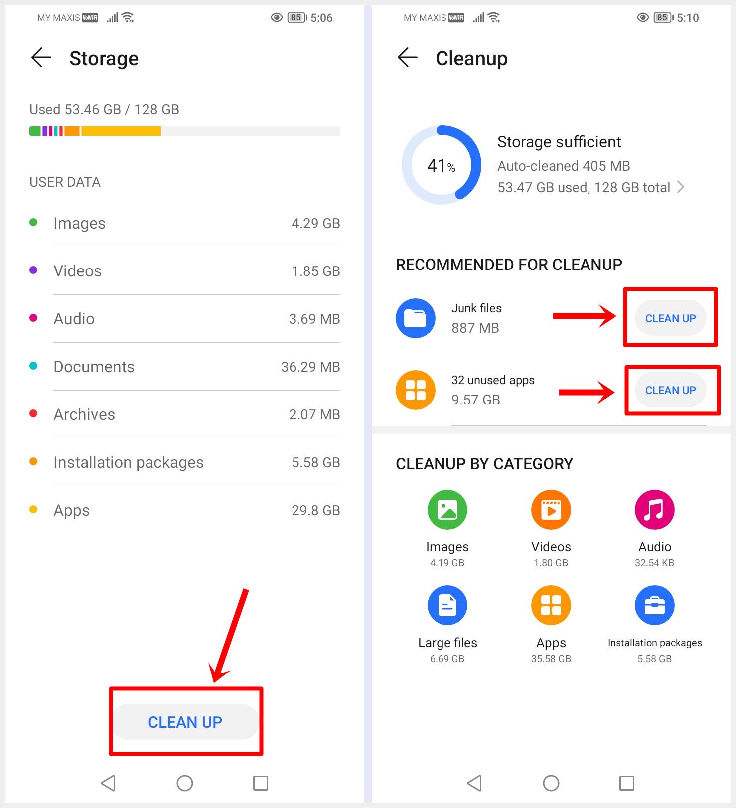 Clean Up Storage to Fix an Android Phone That Keeps Restarting: This image shows two screenshots of an Android phone: the first is the 