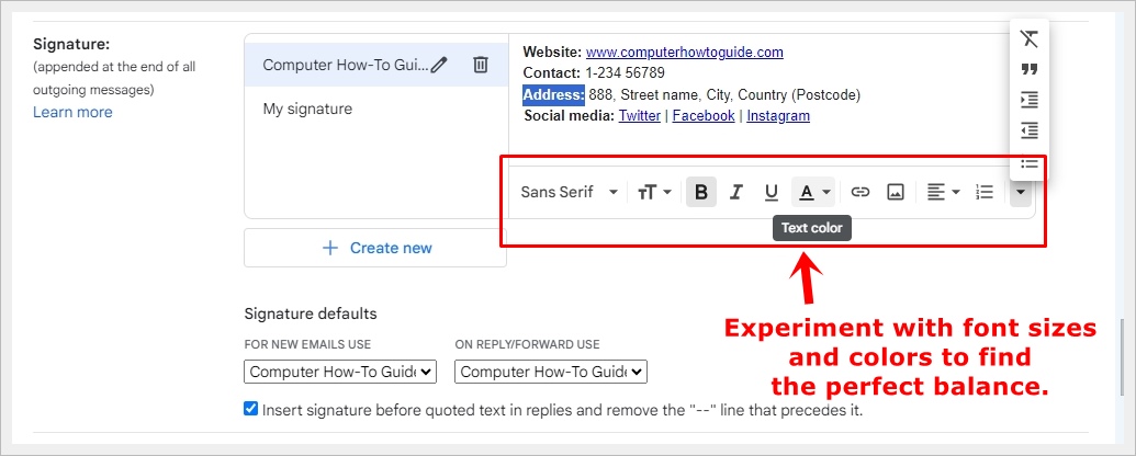 This image demonstrates the process of experimenting with font sizes and colors in your newly crafted Gmail signature, aiming to achieve the perfect balance.