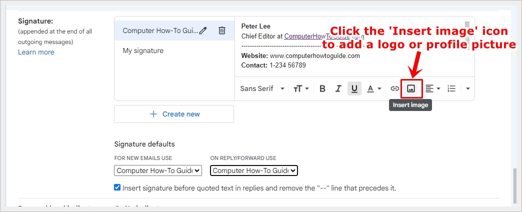 This image illustrates the process of adding a logo or profile picture to a newly crafted Gmail signature. The 