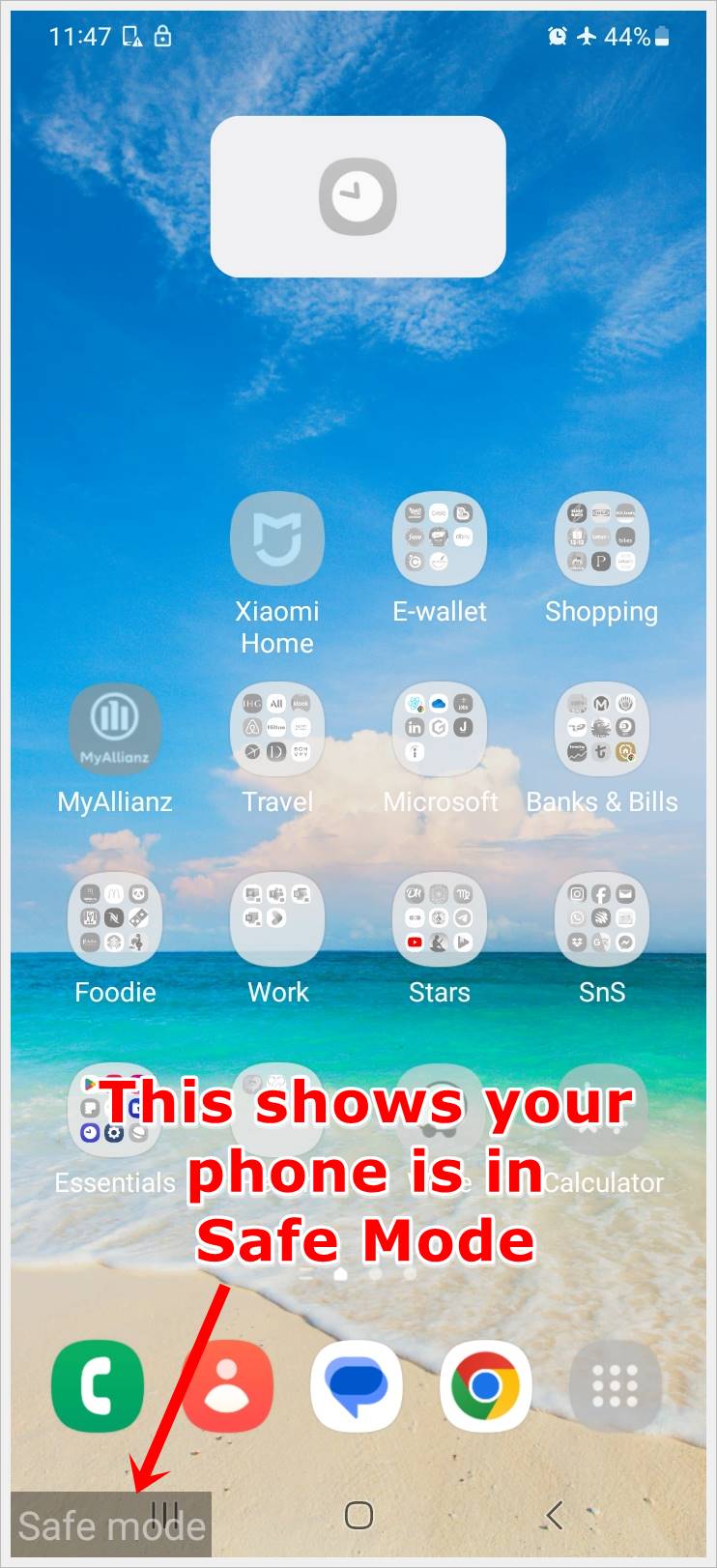 This image shows a screenshot of a Samsung phone in safe mode. The word 