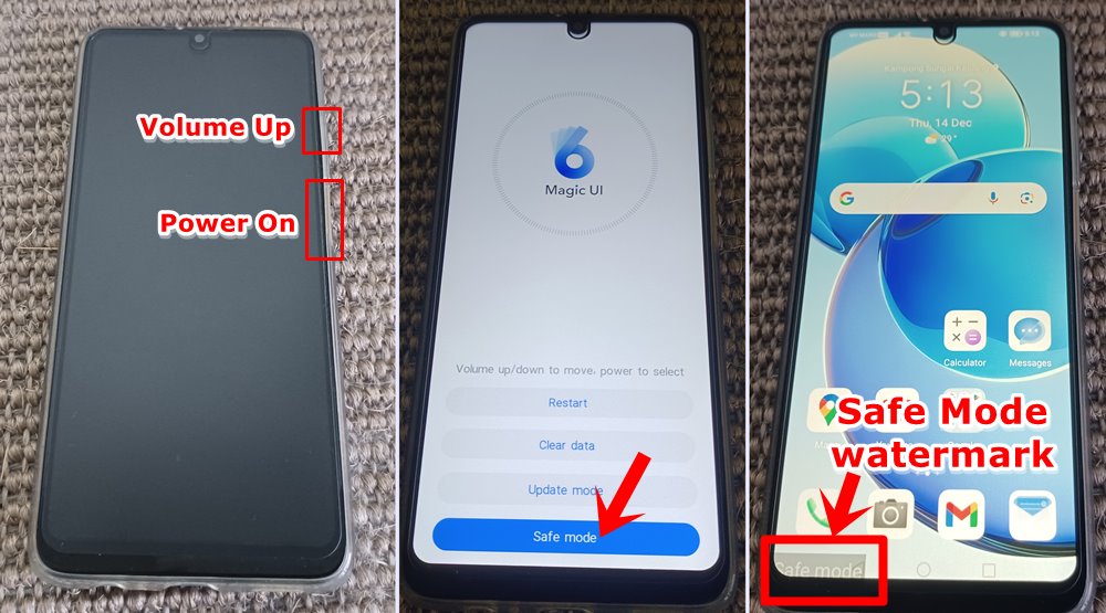 How to Enable or Disable Safe Mode on Your Android Phone: This photo comprises three distinct images of an Honor X7a phone. In the first, the phone is powered off, highlighting the 