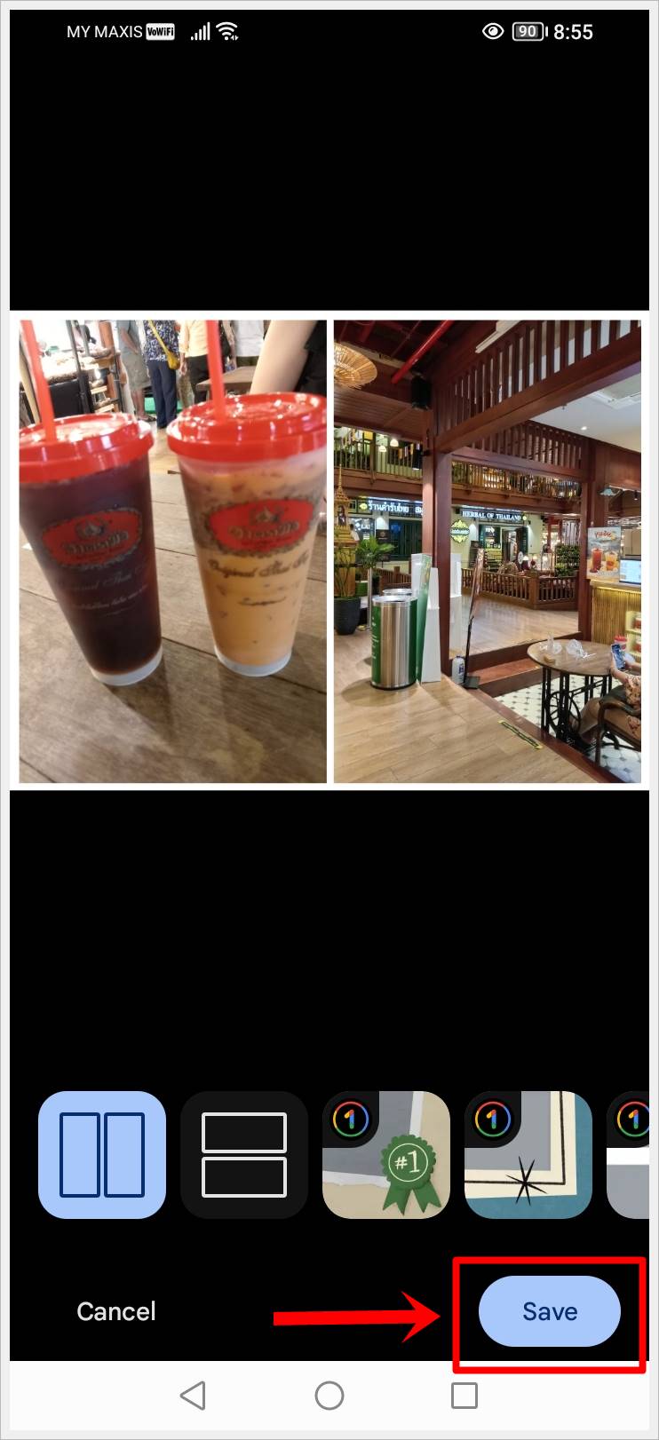 This image shows a screenshot of the side-by-side merged photo in Google Photos on an Android phone. The 