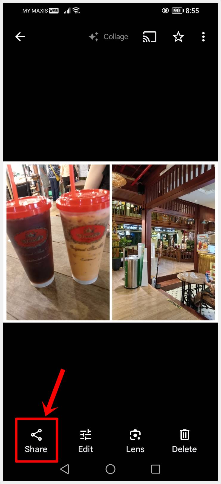 This image shows a screenshot of the successfully merged side-by-side photo using Google Photos on an Android phone. The 